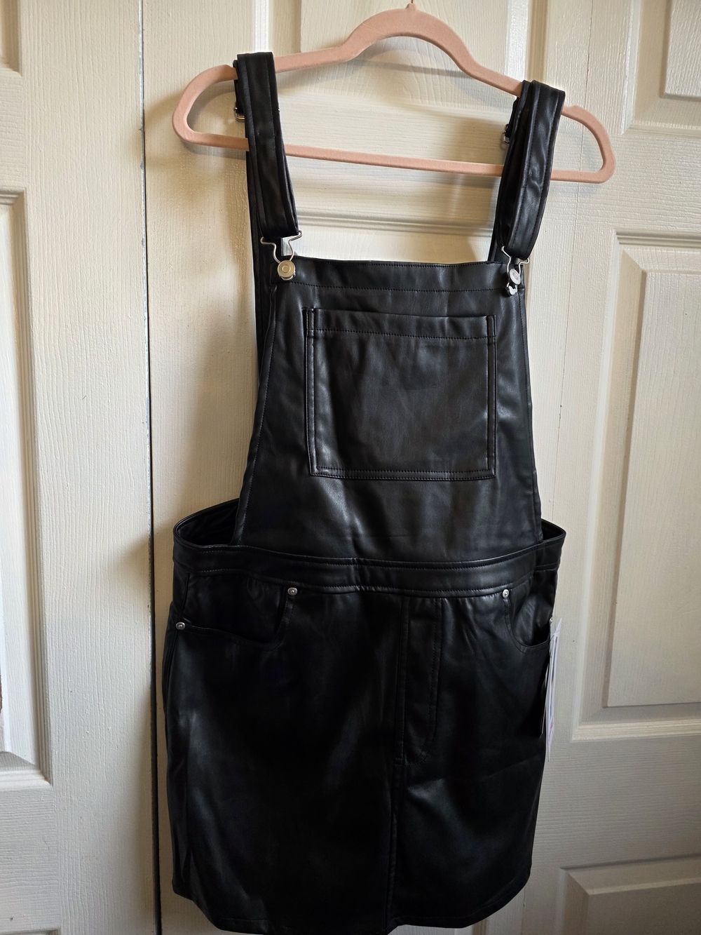 Faux Leather Black Mini Pinafore Dress
